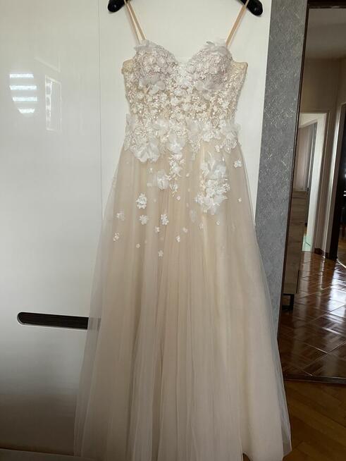 Suknia ślubna piękna rozcięcie na nogę oddzielne rękawki r.S