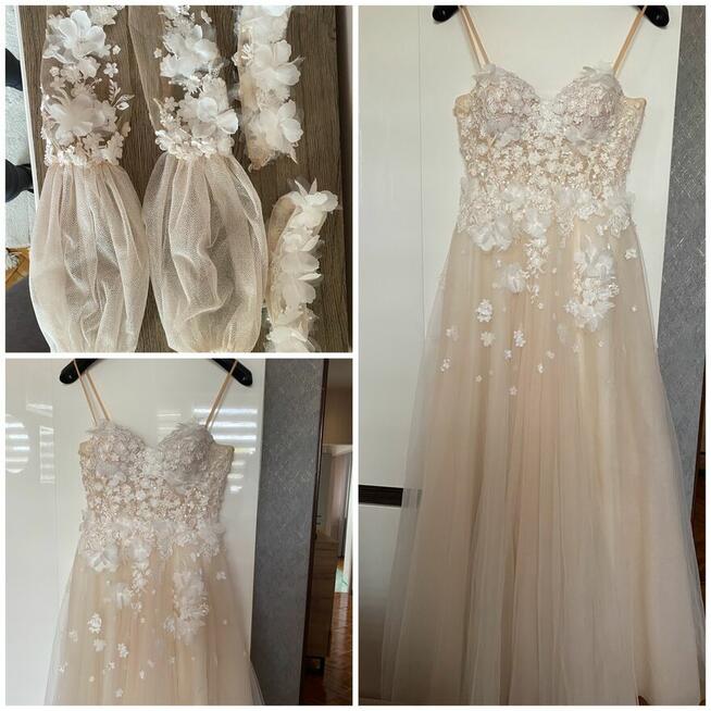 Suknia ślubna piękna rozcięcie na nogę oddzielne rękawki r.S