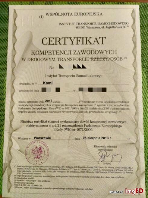Certyfikat kompetencji zawodowych rzeczy/osób