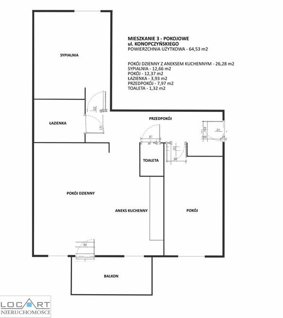 Mieszkanie 3-pokojowe, 64,53 m2, ul. Konopczyńskiego, Dębnik