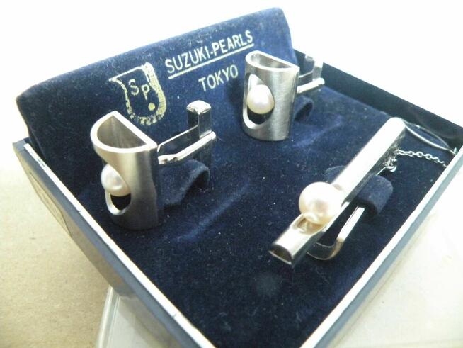 Spinka do krawata + do mankietów - Srebro + perły - Japan