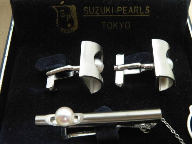 Spinka do krawata + do mankietów - Srebro + perły - Japan