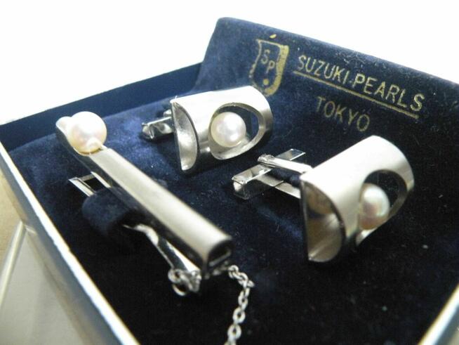 Spinka do krawata + do mankietów - Srebro + perły - Japan