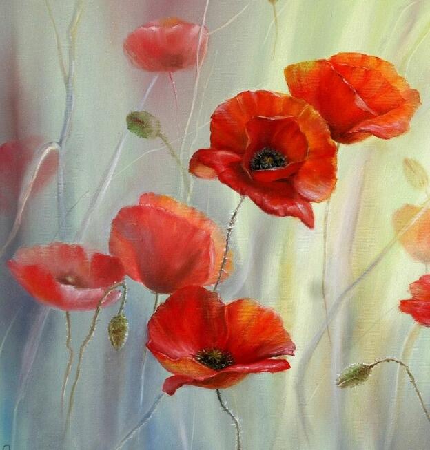 Czerwone Maki, obraz olejny ręcznie malowany, L. Olbrycht