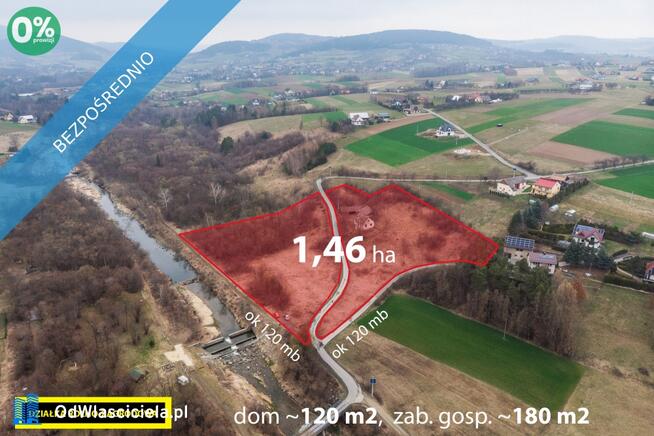 Siedlisko nad rzeką, 1,46 hektara, wraz z domem i zabudowaniami, pod Sączem