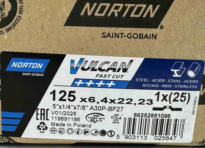 TARCZA TARCZE DO SZLIFOWANIA METALU 125x6,4x22 mm NORTON VUL