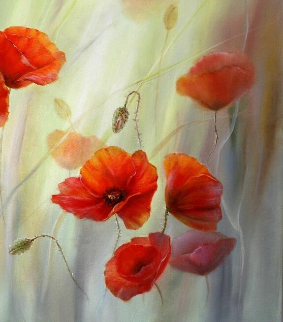 Czerwone Maki, obraz olejny ręcznie malowany, L. Olbrycht
