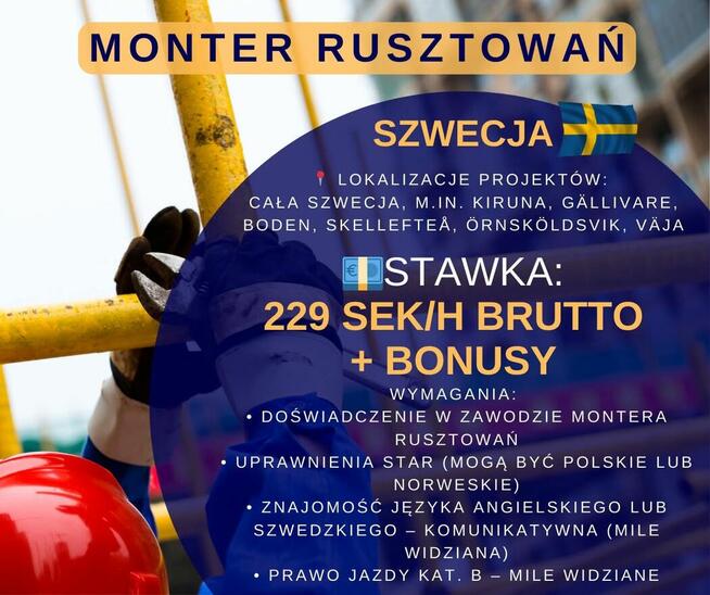 OFERTA PRACY: MONTER RUSZTOWAŃ – SZWECJA