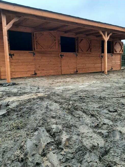 Stajnia dla koni, drewniana stajnia z korytarzem, boksy dla