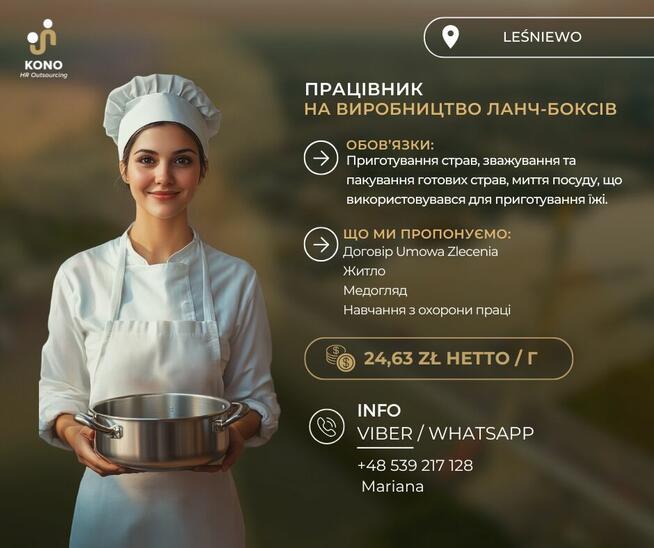 PRACA – pomocnik przy produkcji lunch-boxów (Leśniew