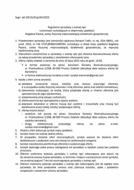 Syndyk sprzeda samochód ciężarowy Renault Trafic