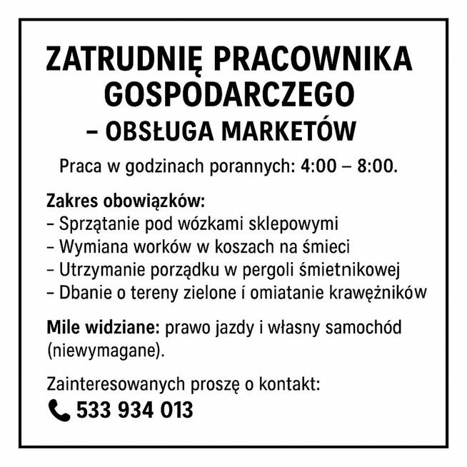 Zatrudnię pracownika gospodarczego – obsługa marketów