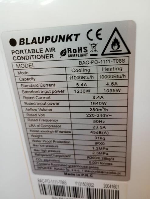 Klimatyzator Blaupunkt 111 T062S PLUS RURA idealny stan