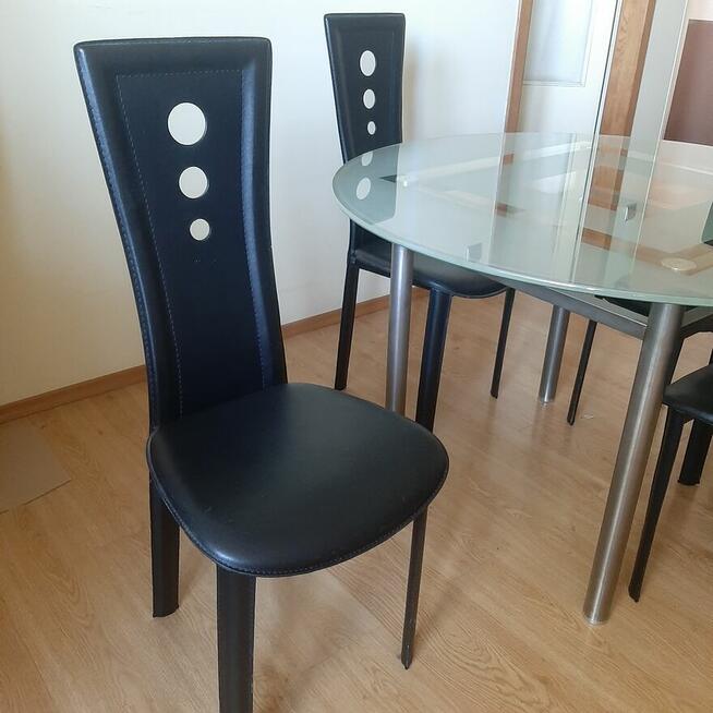 Stół stal nierdzewna i szkło + 4 krzesła eko skóra