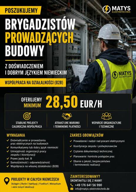 SZUKAM BRYGADZISTOW ELEKTRYKOW Z JEZYKIEM NIEMIECKIM