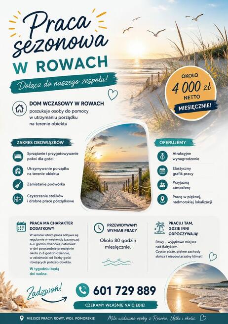 Praca sezonowa w Rowach ok. 4 000 zł netto ok. 80 godz./m