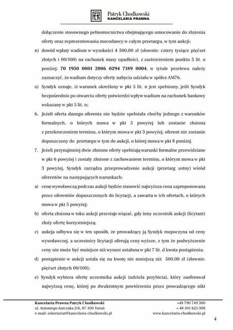 Syndyk sprzeda udziały w spółce AM76