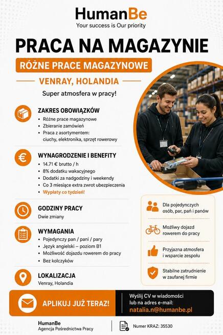 Oferta pracy – Pracownik magazynu | Venray, Holandia