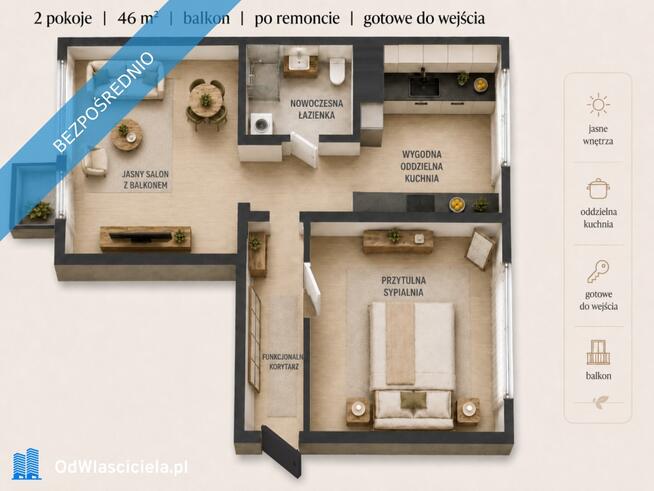 Jasne 2 pokoje z balkonem — gotowe do wejścia po remoncie | Agd | Piwnica