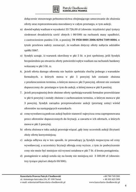 Syndyk sprzeda udziały w spółce SS67