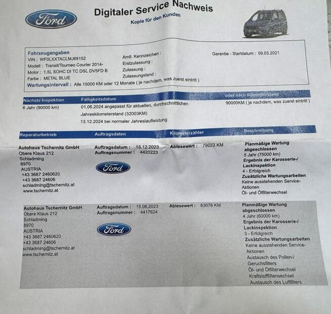 Ford Tourneo Courier Pisemna Gwarancja 12 miesięcy
