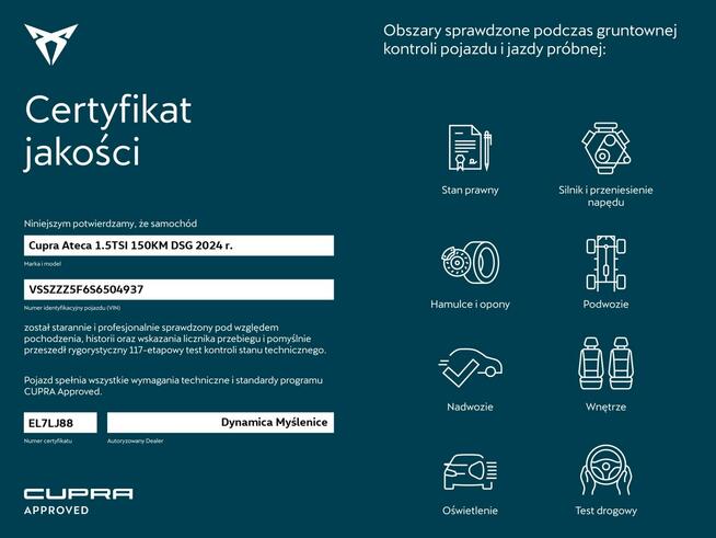 Cupra Ateca VAT 23% 1.5TSI 150KM DSG 2024 r., salon PL, HAK, I właściciel V