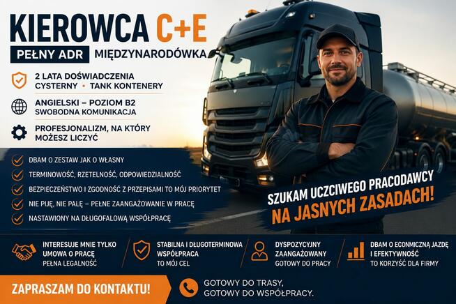 Kierowca C+E | Pełny ADR | 2 lata doświadczenia | Międzynaro