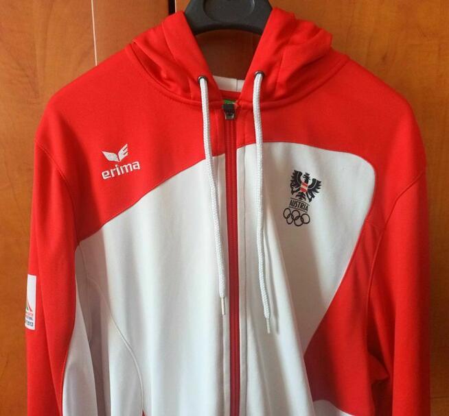 Bluza sportowa z kapturem damska biało - czerwona r.L