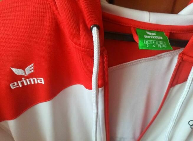 Bluza sportowa z kapturem damska biało - czerwona r.L