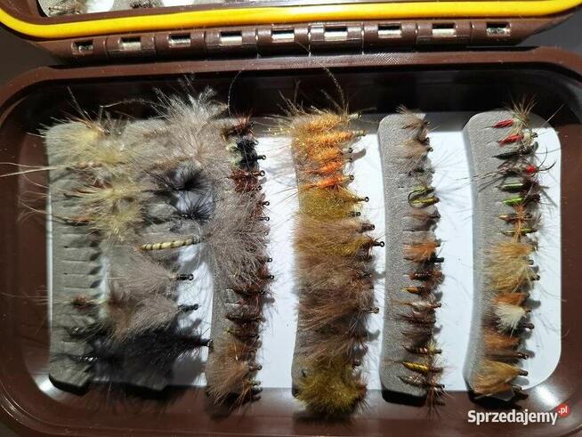 Przynęty wędkarskie: Muchowe 170 sztuk + pudełko.