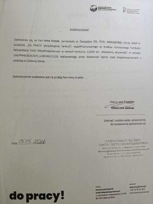 Przyjme prace lub staż w ramach projektu