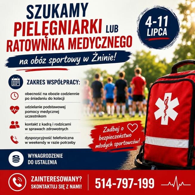 Poszukujemy pielęgniarki lub ratownika na obóz sportowy
