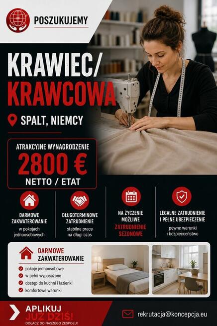 Krawiec, krawcowa odzieży 2800 Euro netto -Spalt- BA-DPK-DE