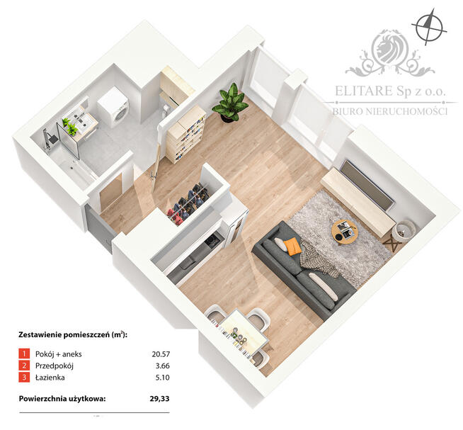 Apartament 1 pok. 29,33m2 ogrzewanie miejskie /obok Sky Tower