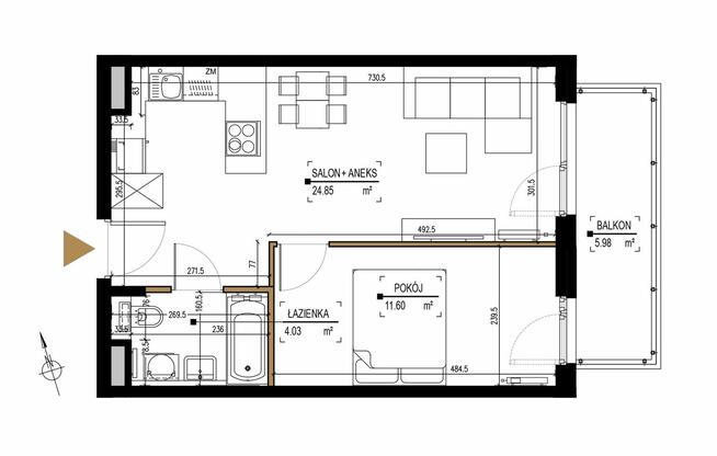 Apartament 40,5 m² pod klucz, I piętro, 2 pokoje z balkonem