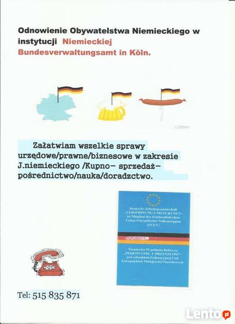 Obywatelstwo niemieckie/,/Tłumaczenia/telefony/Sprzedaż/