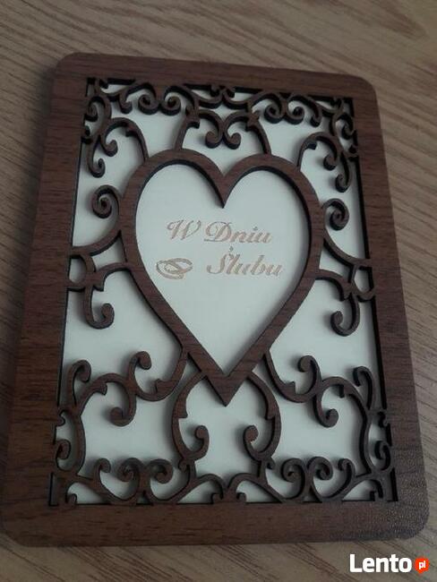 Kartka ślubna karta ślub drewno ażur torebka