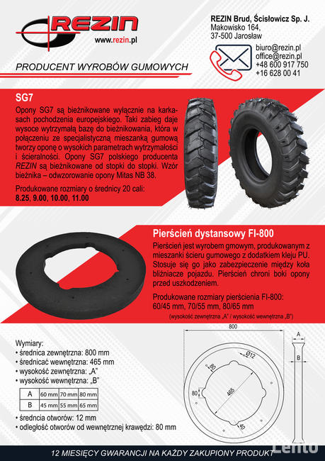 Opona przemysłowa SG7 8.25 - 20 REZIN POLSKA BIEŻNIKOWANA