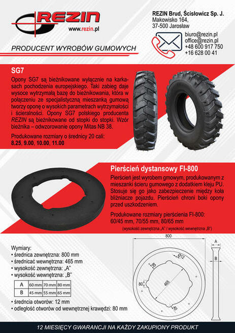 Opona przemysłowa budowlana SG7 10.00-20 REZIN BIEŻNIKOWANA