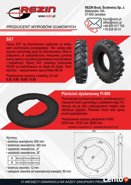 Opona przemysłowa SG7 11.00 - 20 REZIN POLSKA BIEŻNIKOWANA
