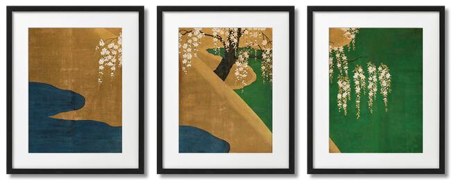 3 plakaty, Japonia pejzaże - musztardowy z zielenią i granat