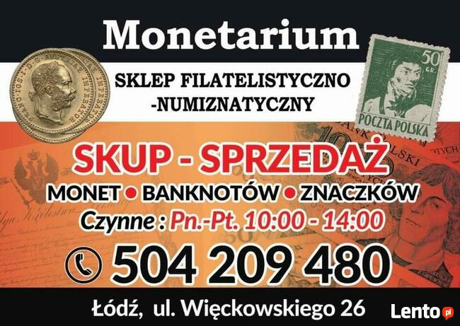 Skup monet, banknotów, znaczkow Łódź ul Więckowskiego 26