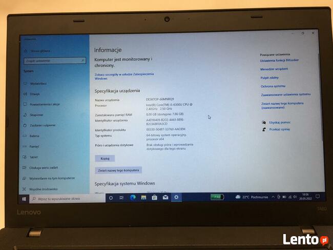 LENOVO T460 I5 2,5GHZ/ 8GB / ssd 256GB / 14CAL /win10/11 fv