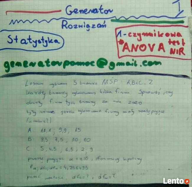 1-czynnikowa ANOVA, Test NIR - Zestaw 2 rozwiązań. Studia