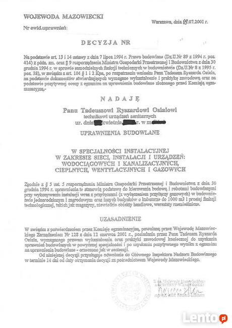 Kierownik budowy instalacji gazowych Łomianki-Warszawa okol.