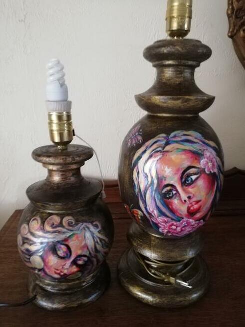 lampa drewniana, ręcznie malowana, kobieta, twarz