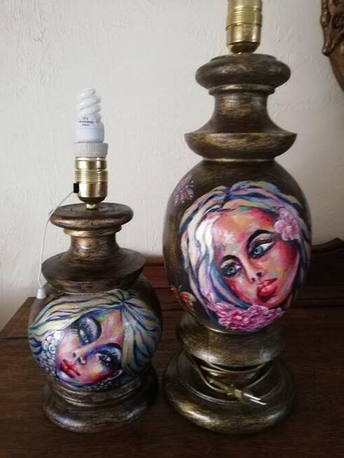 lampa drewniana, ręcznie malowana, kobieta, twarz