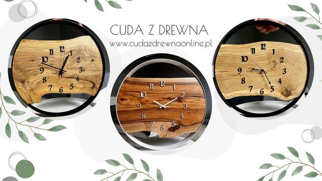 Biały zegar z elementami drewna - loft, nowoczesny 35 cm