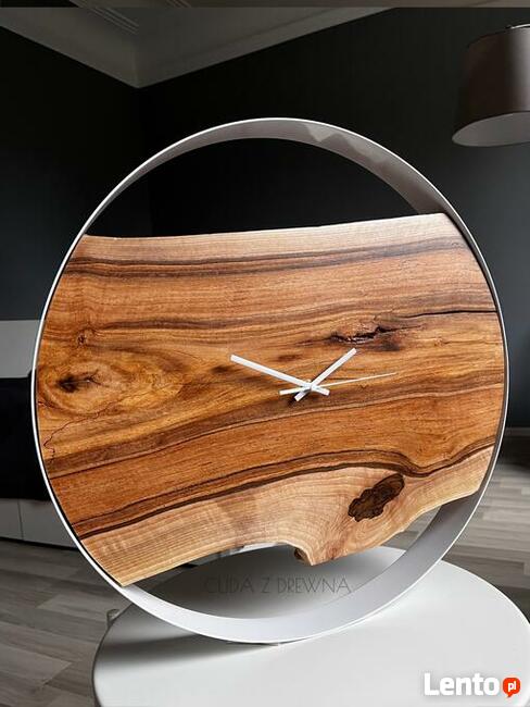 Biały zegar z elementami drewna - loft, nowoczesny 35 cm