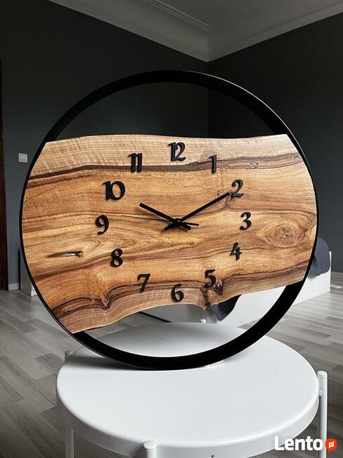 Drewniany zegar + biała obręcz 50 cm, nowoczesny, loft